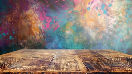 Poster - A wooden table sits in front of a colorful, abstract background.