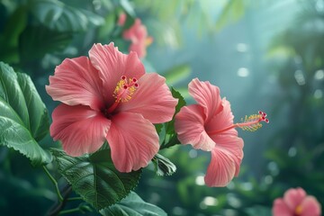 Wall Mural - Vivid Hibiscus Flowers in Full Bloom - Close-up High-Resolution Image with Realistic Colors and Textures in Lush Natural Setting