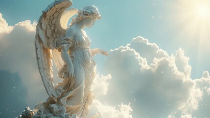 Wall Mural - serene depiction of an angel with flowing robes and large, graceful wings, standing on a cloud and r