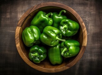 Wall Mural - Top view of green bell peppers in wooden bowl over wooden background. 