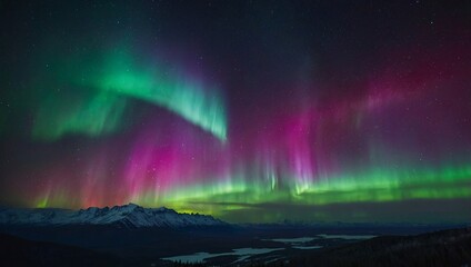 aurora-filled sky with stars, magenta northern lights banner featuring copy-space