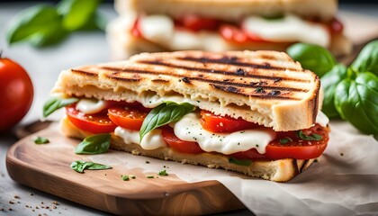 Wall Mural - Homemade Tomato and Mozzarella Panini with Basil
