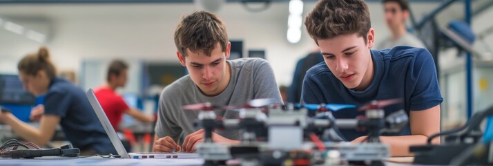 Aufkleber - A team of university engineering students is working on an advanced drone project to enhance their technical skills, teamwork, and innovation in a handson lab environment, nurturing growth