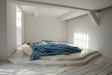 Wall Mural - Interior of modern bedroom with white walls, wooden floor and comfortable bed with blue blanket.