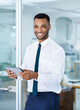 © Beak/peopleimages.com - Portrait, businessman or tablet in office for search, streaming content or education videos for career. Connection, black person or accountant with digital for finance tips, learning or online report