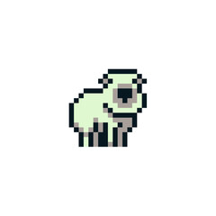 Poster - Sheep pixel art icon. Cute lamb flat style character isolated vector illustration. Element design for children's mobile application. Video game sprite.