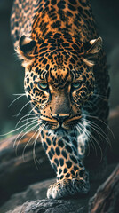 Leopard with piercing eyes stalks in woodland setting.