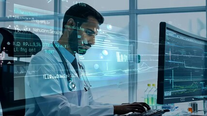Scientist Typing Code in a Biological Research Lab with Hologram screens