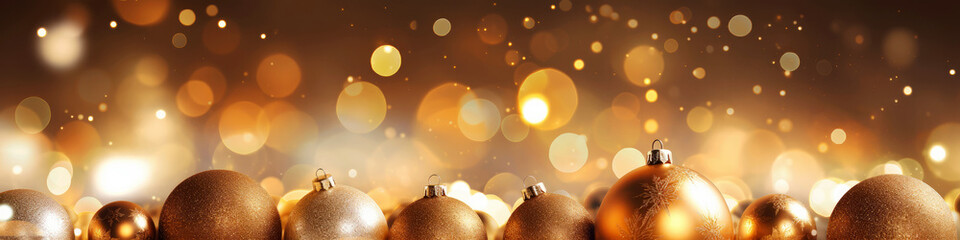 Wall Mural - Golden Christmas background with festive gift boxes and Christmas balls. Holiday gold Christmas and New Year banner backdrop with copy space and shiny bokeh
