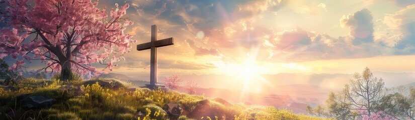 Blossoming Tree and Cross on Hill at Sunrise