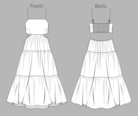 Sticker - Vector flared long dress fashion CAD, woman maxi dress with shoulder straps technical drawing, bohemian style dress flat, template, sketch. Jersey or woven fabric dress, front, back view, white color