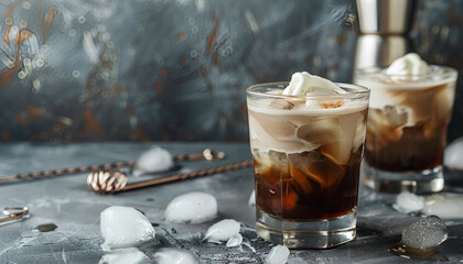 Wall Mural - White russian cocktail, trendy alcoholic drink with vodka, coffee liqueur, cream and ice, gray background, bar tools