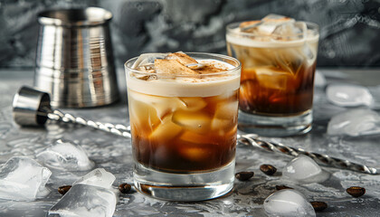 Wall Mural - White russian cocktail, trendy alcoholic drink with vodka, coffee liqueur, cream and ice, gray background, bar tools