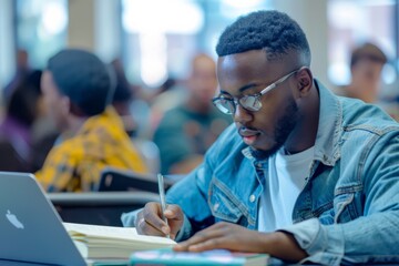 Aufkleber - In a bustling library, a student wearing glasses and a denim jacket is immersed in studying with a laptop and notes, displaying dedication and persistence towards their academic pursuits