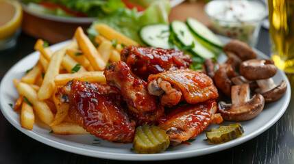 Wall Mural - On a plate on the table are delicious fried chicken wings with vegetables and mushrooms.