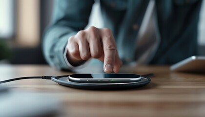 Person using a wireless charging pad, illustrating convenience