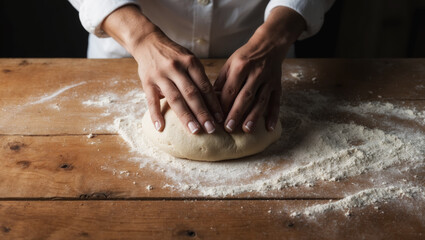 Baker kneading dough on rustic wooden table with copy space