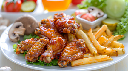 Wall Mural - On a plate on the table are delicious fried chicken wings with vegetables and mushrooms.