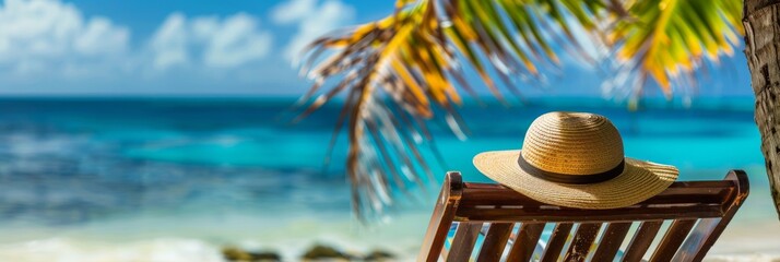 Sticker - A beach chair sits beneath a palm tree on a tropical beach. A straw hat rests on the chair, facing the ocean