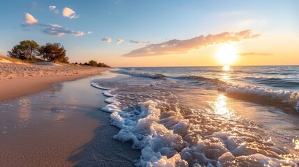 Sticker - A picturesque beach scene as the sun sets, casting a golden glow on the ocean while foam-tipped waves gently approach the sandy shore, creating a serene and soothing environment.