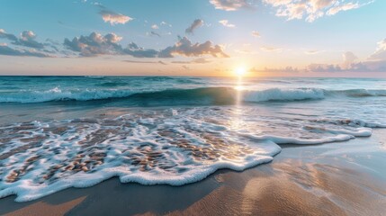 Sticker - Vibrant sunset with golden light reflecting off the ocean waves as they gently embrace the sandy beach, creating a mesmerizing and captivating scene.