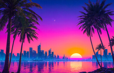 Wall Mural - Retro Sunset Over Cityscape.