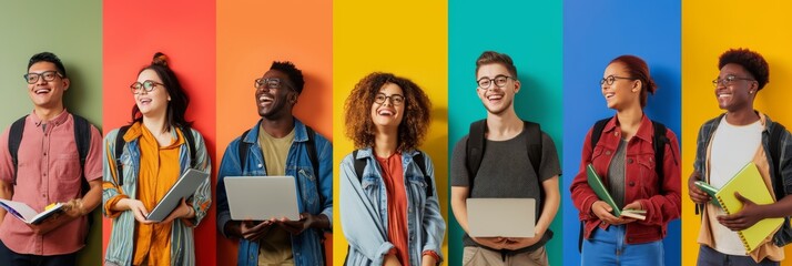 Poster - College students happily studying in a colorful setting, creating a vibrant and joyful learning environment, reflecting the togetherness and enthusiasm of young adults in their academic journey