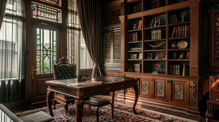 Poster - A home office with Thai batik curtains and wooden furniture crafted with intricate Thai patterns, fostering productivity.
