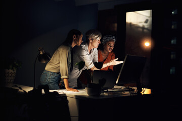 Aufkleber - Digital agency, computer and stress at night in office for company project, diversity and late deadline. Business team, research and strategy in workplace as women with anxiety for collaboration