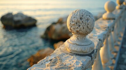 Canvas Print - Oceanfront view with rustic balustrade