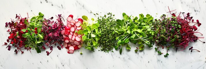 Wall Mural - Colorful microgreens and radish slices are arranged in a flat lay on white marble. The vibrant colors pop against the smooth background