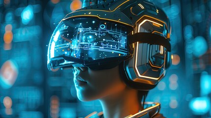 Poster - Futuristic VR headset user immersed in a virtual reality world with glowing neon lights and advanced technology interface.