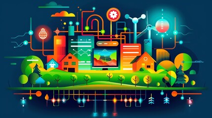 Smart grid technology, efficient energy distribution, flat design illustration