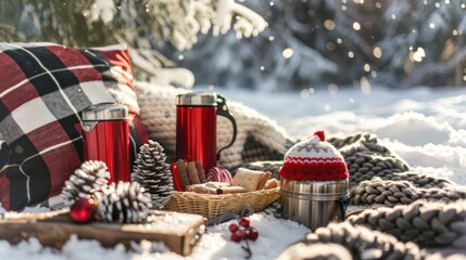 Wall Mural - Bundle up for a winter picnic in the snow, with thermoses of hot cocoa, blankets, and festive snacks to enjoy outdoors