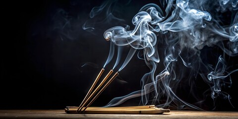 Canvas Print - incense sticks with smoke on a black background Generative By AI