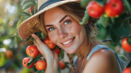 Poster - Smiling Woman in Orchard Harvesting Apples