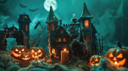 Creepy haunted house decoration for Halloween, featuring spooky pumpkin candles and a dark, eerie night scene