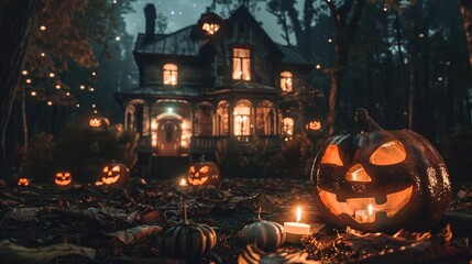 Creepy haunted house decoration for Halloween, featuring spooky pumpkin candles and a dark, eerie night scene