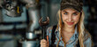 © J S - Young happy blonde woman working as a plumber or car mechanic, copy space on workshop background