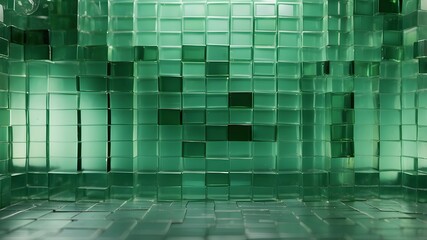 Sticker - Background of green glass blocks, square bathroom wall tile texture with light and reflection effects. Glass block mosaics for interior design in residences or workplaces