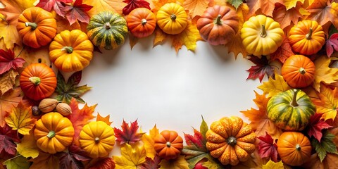 Wall Mural - Autumn leaves and pumpkins border frame with space for text thanksgiving day harvest decoration Creative AI