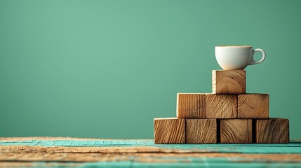 A tower of wooden blocks, with a coffee cup perched on top, on a vibrant green background 