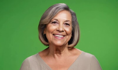 Poster - Portrait of a happy senior woman smiling at the camera against a green background