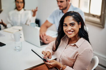 Canvas Print - Tablet, office and portrait of business woman for teamwork, collaboration and company pride. Professional, startup and person with workers for training programme, internship and work opportunity