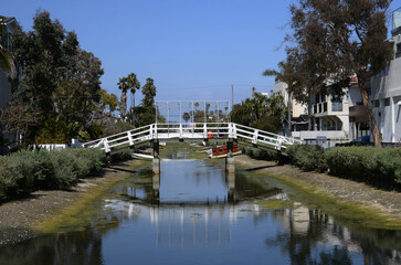 Canals of Venice in California with amazing houses, boats, palm trees on the shore