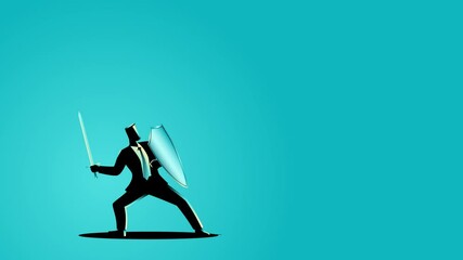 Wall Mural - Businessman wielding a sword and shield, battling his own shadow. Ideal for motivational and personal development contents, symbolizes the internal struggle and the fight for self-improvement