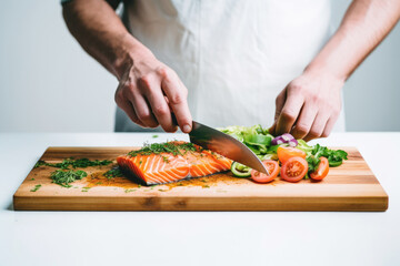 Wall Mural - A man is cutting a salmon on a wooden cutting board