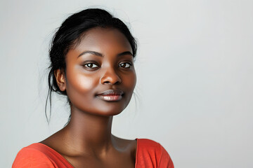 Young Indian woman in her 20s, wearing red blouse and looking in the camera, studio portrait