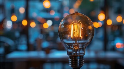 Poster - Close-up view of a glowing vintage light bulb against a blurred background of illuminated bulbs, creating a warm and cozy atmosphere.