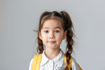 Young girl student smiling,  wearing cute hairstyle in school uniform and backpack